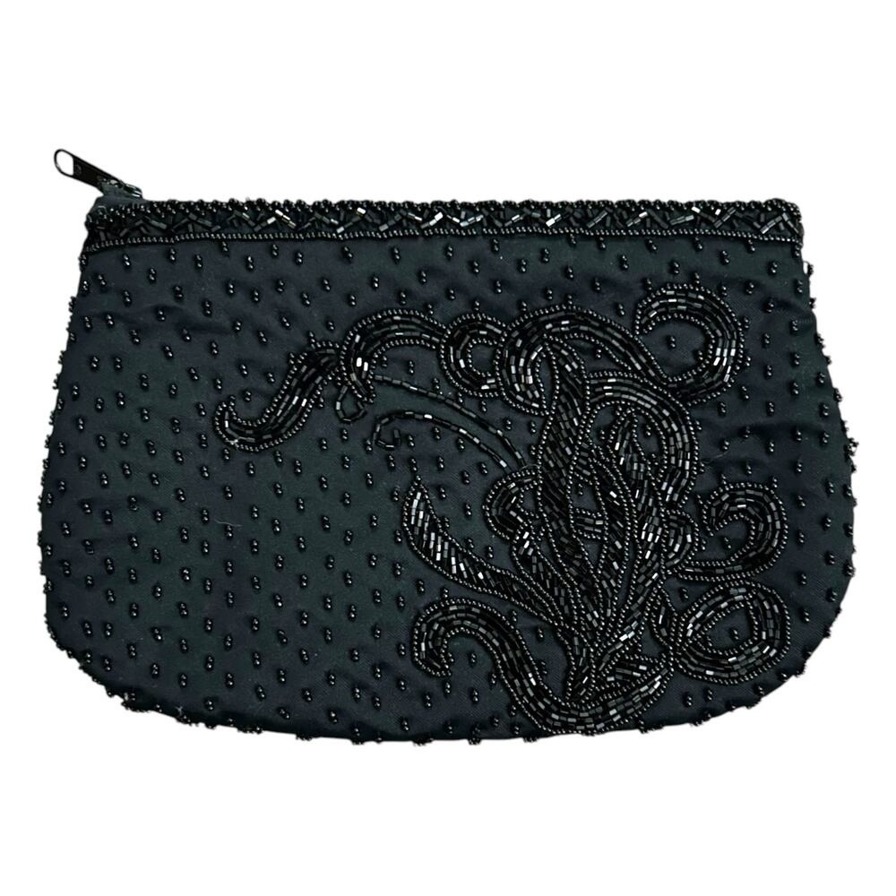 Vintage Black Satin Beaded Clutch Bag